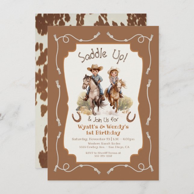 Invitación Ensillar al pequeño mellizo Cowboy cumpleaños (Anverso / Reverso)