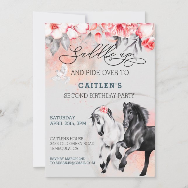 Invitación Ensillar Caballo Acuarela Flor Rojo Negro (Anverso)