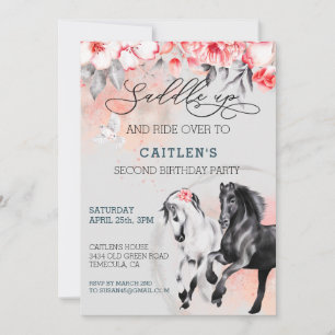 Invitación Ensillar Caballo Acuarela Flor Rojo Negro