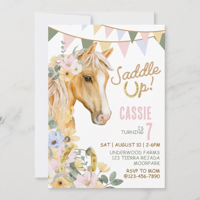 Invitación Ensillar, cumpleaños de niña, rodeo, cumpleaños de (Anverso)