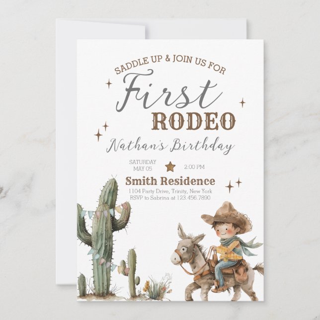 Invitación Ensillar el primer cumpleaños de Rodeo (Anverso)