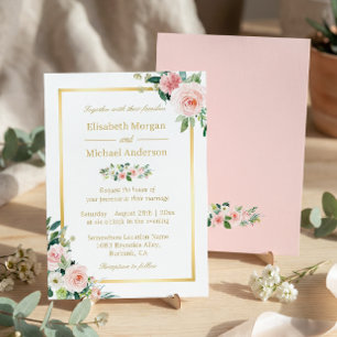 Invitación Ensordecedor Marco dorado floral rosa Boda elegant