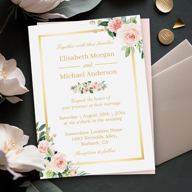 Invitación Ensordecedor Marco dorado floral rosa Boda elegant (Perfect for couples seeking a classic and refined wedding celebration.)