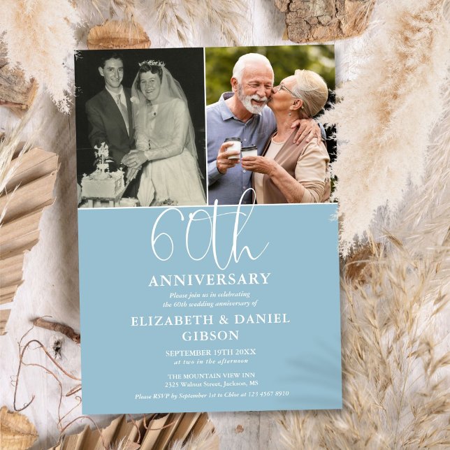 Invitación Entonces, 60 Aniversario Boda Y Ahora 2 Foto (60th Wedding Anniversary Then And Now 2 Photo Invitation)