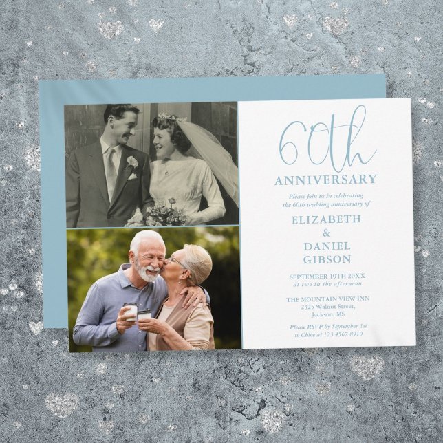 Invitación Entonces, 60 Aniversario Boda Y Ahora 2 Foto (60th Wedding Anniversary Then And Now 2 Photo Invitation)