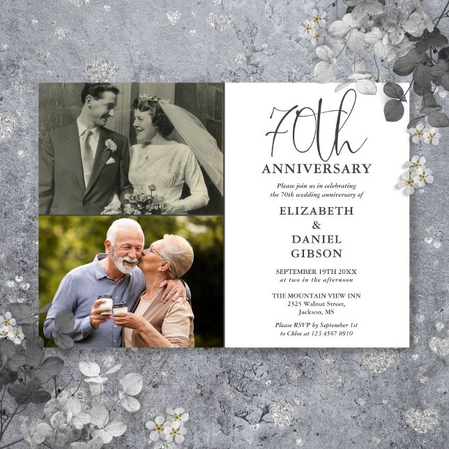 Invitación Entonces, 70 Aniversario Boda Y Ahora 2 Foto (70th Wedding Anniversary Then And Now 2 Photo Invitation)