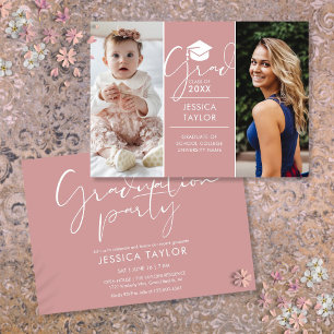 Invitación Entonces Y Ahora 2 Fiesta De Graduación Rosada.