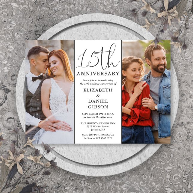 Invitación Entonces Y Ahora 2 Foto 15 Aniversario Boda (Then And Now 2 Photo 15th Wedding Anniversary Invitation)