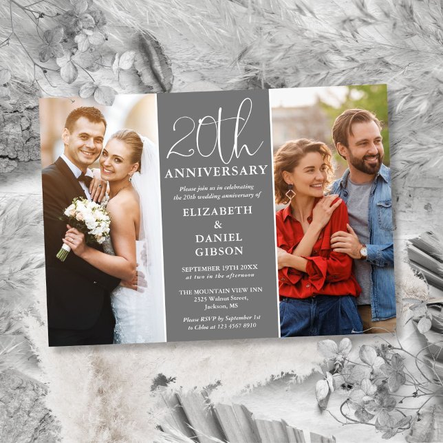 Invitación Entonces Y Ahora 2 Foto 20 Aniversario Boda (Then And Now 2 Photo 20th Wedding Anniversary Invitation)