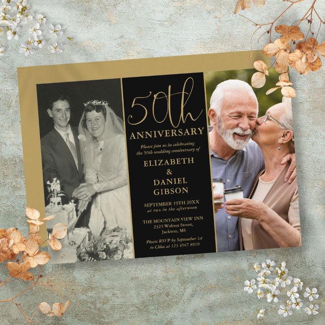 Invitación Entonces Y Ahora 2 Foto 50 Aniversario Boda (Then And Now 2 Photo 50th Wedding Anniversary Invitation)