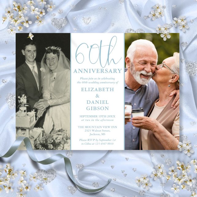 Invitación Entonces Y Ahora 2 Foto 60 Aniversario Boda (Then And Now 2 Photo 60th Wedding Anniversary Invitation)