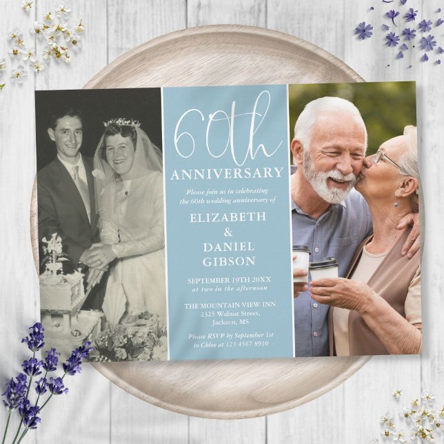 Invitación Entonces Y Ahora 2 Foto 60 Aniversario Boda (Then And Now 2 Photo 60th Wedding Anniversary Invitation)