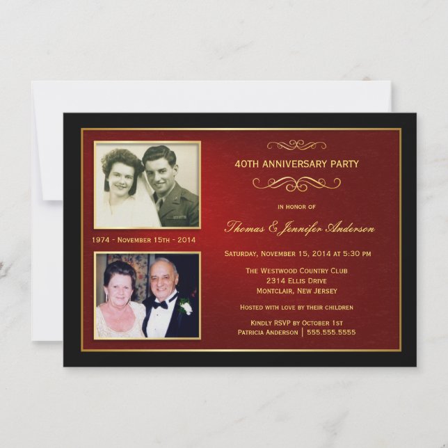 Invitación Entonces y ahora aniversario con 2 fotos - 40 (Anverso)