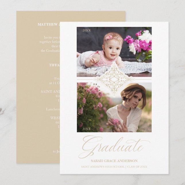 Invitación Entonces y ahora Moda Gold 2 Fotos Graduación de o (Anverso / Reverso)