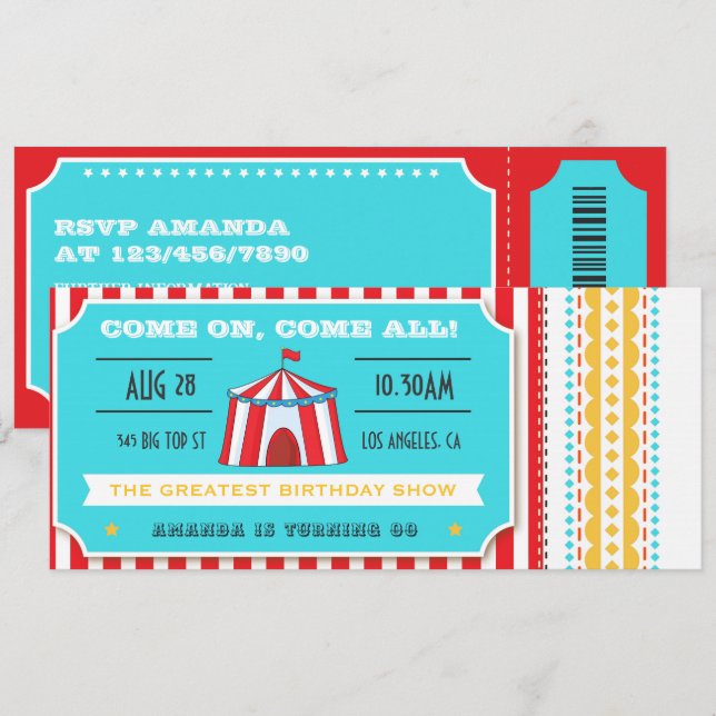 Invitación Entrada al Circo Retro para Cumpleaños de Niños (Anverso / Reverso)