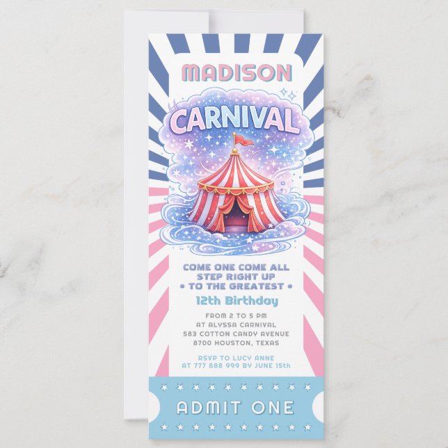 Invitación Entrada Boleto Cumpleaños Carnaval Niñas Admite Un (Anverso)
