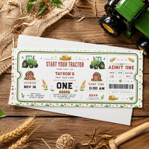 Invitación Entrada Cumpleaños 1º granja Tractor Verde Rústico