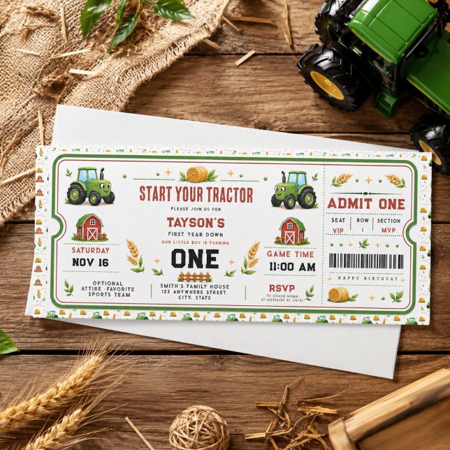 Invitación Entrada Cumpleaños 1º granja Tractor Verde Rústico (Rustic Green Tractor Farm 1st Birthday Ticket Invitation
)