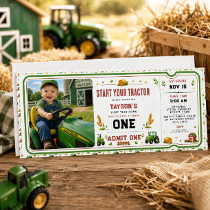 Invitación Entrada Cumpleaños 1er Tractor Verde Rústico Granj