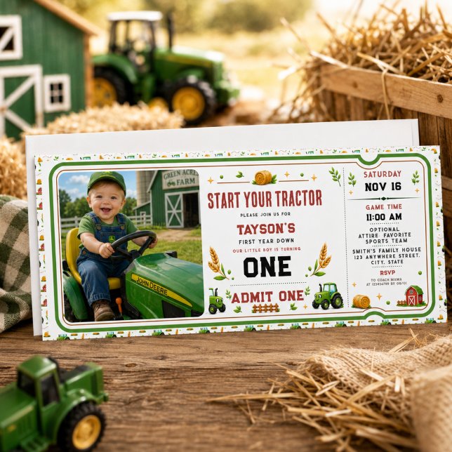 Invitación Entrada Cumpleaños 1er Tractor Verde Rústico Granj (Rustic Green Tractor Farm 1st Birthday Ticket Invitation
)