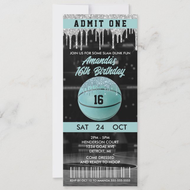 Invitación Entrada Cumpleaños Baloncesto Chicas Teal (Anverso)