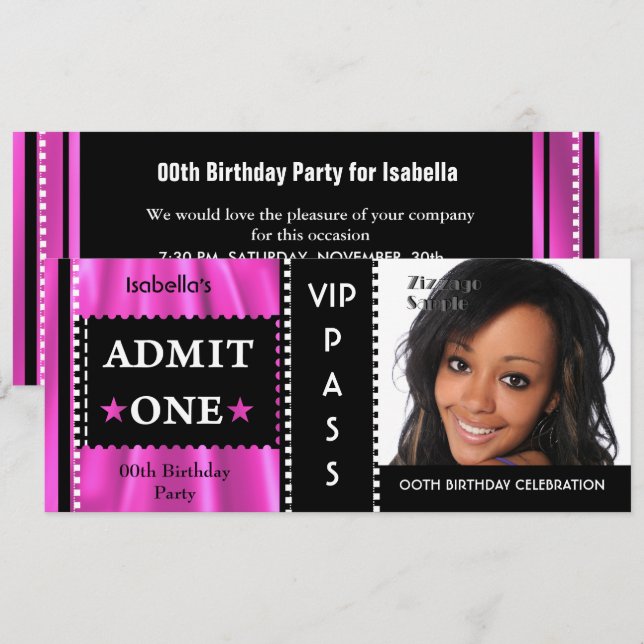 Invitación Entrada Cumpleaños Fiesta Foto Rosa Negro (Anverso / Reverso)