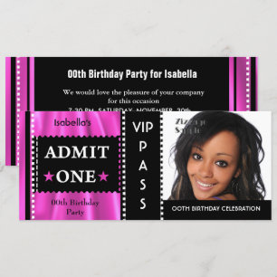 Invitación Entrada Cumpleaños Fiesta Foto Rosa Negro