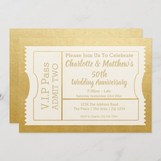 Invitación Entrada de aniversario número 50 de VIP Pass Falso (Anverso / Reverso)