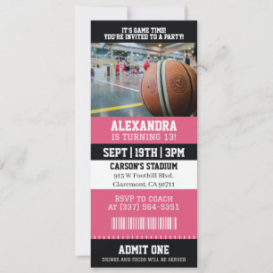 Invitación Entrada de Baloncesto Rosa Fiesta de Cumpleaños