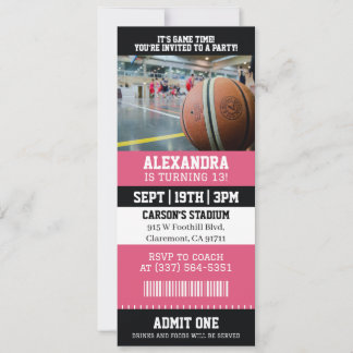 Invitación Entrada de Baloncesto Rosa Fiesta de Cumpleaños