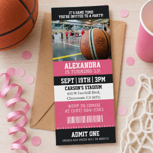 Invitación Entrada de Baloncesto Rosa Fiesta de Cumpleaños