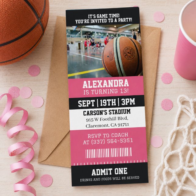 Invitación Entrada de Baloncesto Rosa Fiesta de Cumpleaños (Subido por el creador)