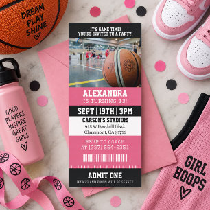 Invitación Entrada de Baloncesto Rosa Fiesta de Cumpleaños