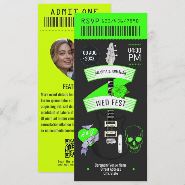 Invitación Entrada de Boda de Rock ’n’ Roll Electric Lime (Anverso / Reverso)