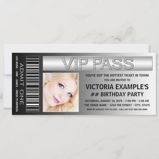 Invitación Entrada de Boleto de Admisión VIP Fiesta de Cumple (Anverso)