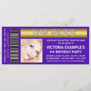 Invitación Entrada de Boleto de Admisión VIP Púrpura Cumpleañ
