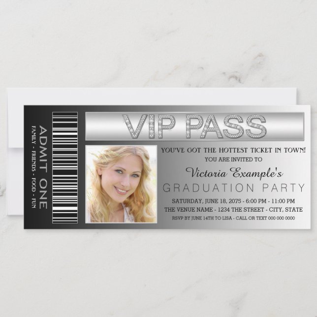 Invitación Entrada de Boleto VIP Negro para Fiesta de Graduac (Anverso)