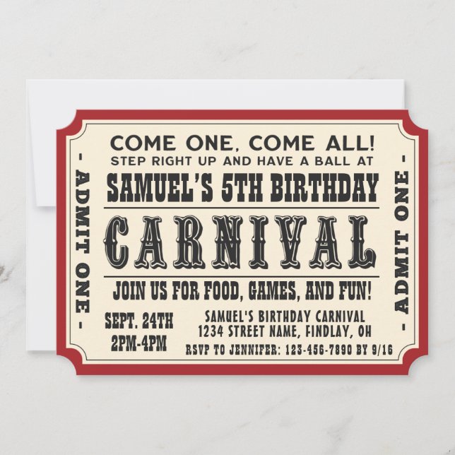 Invitación Entrada de Carnaval Admite Fiesta de Cumpleaños, C (Anverso)