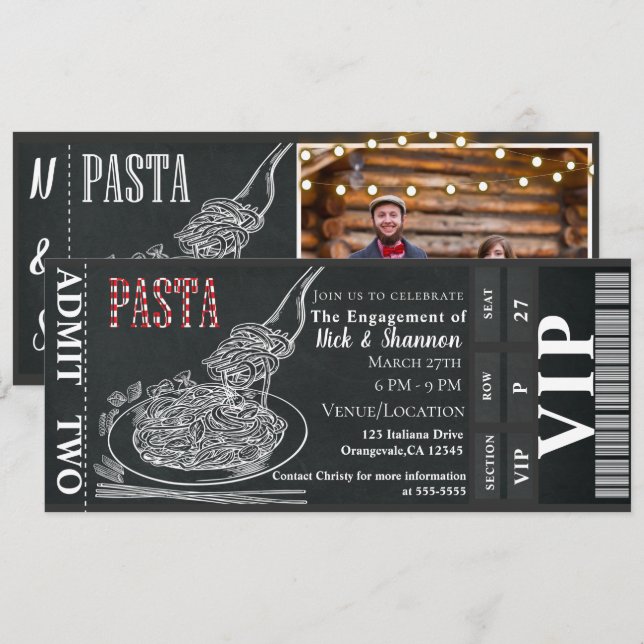 Invitación Entrada de cena de pasta Cena de compromiso de tiz (Anverso / Reverso)