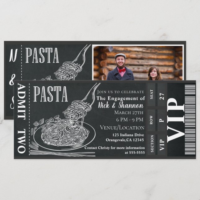 Invitación Entrada de cena de pasta Cena de compromiso de tiz (Anverso / Reverso)