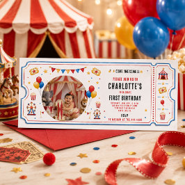 Invitación Entrada de circo rojo moderno para cumpleaños 1 |