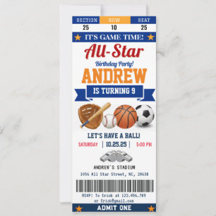 Invitación Entrada de cumpleaños de deporte All Star personal