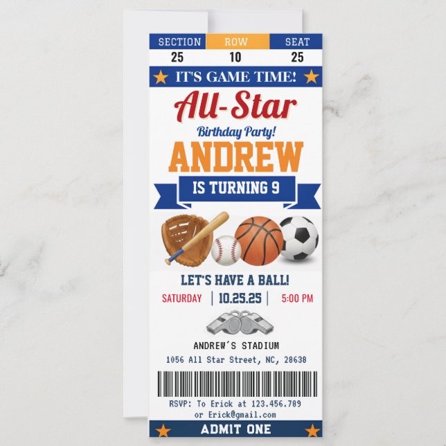Invitación Entrada de cumpleaños de deporte All Star personal (Anverso)