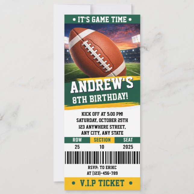 Invitación Entrada de cumpleaños de fútbol americano personal (Anverso)
