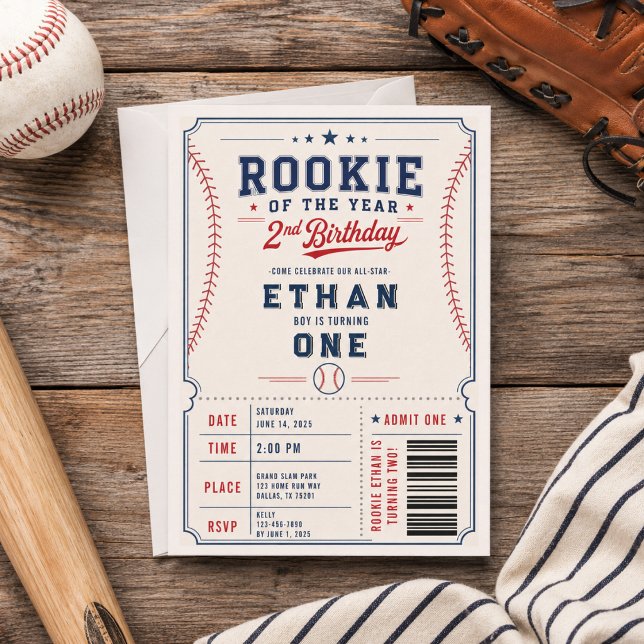 Invitación Entrada de cumpleaños número 2 de béisbol Novato d (Rookie of the Year Baseball 2nd Birthday Ticket Invitation
)