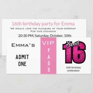 Invitación Entrada de entrada 16º partido de cumpleaños Rosad