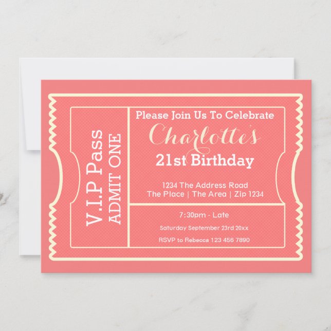 Invitación Entrada de entrada de Fiesta de pases VIP rosa (Anverso)