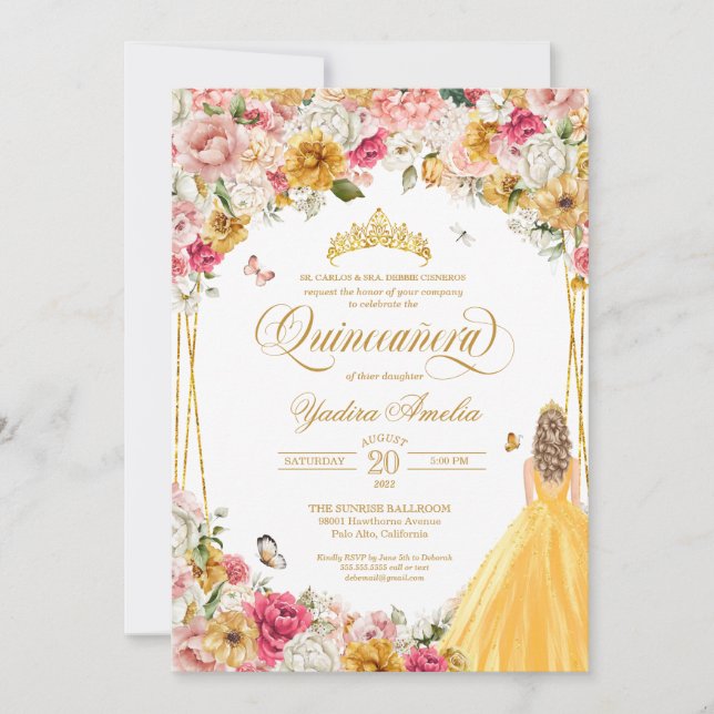 Invitación  Entrada de flor amarilla rosa Rubor de mariposa Q (Anverso)