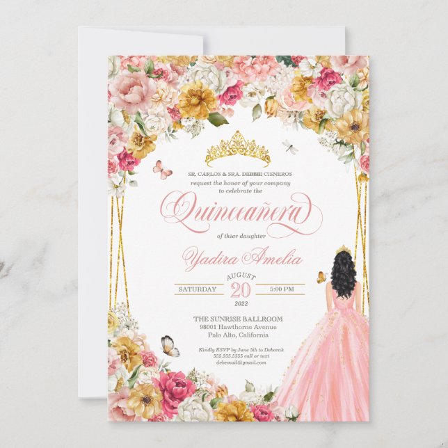 Invitación Entrada de flor amarilla rosa Rubor de mariposa Qu (Anverso)