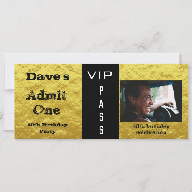 Invitación Entrada de la fiesta de cumpleaños Gold y Black Ph (Anverso)